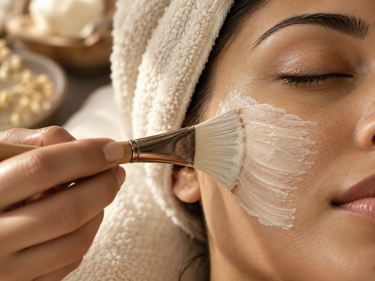 Close-up of a gentle facial mask being applied with a soft brush