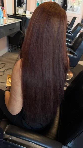 Long smooth brown hair viewed from behind in the salon