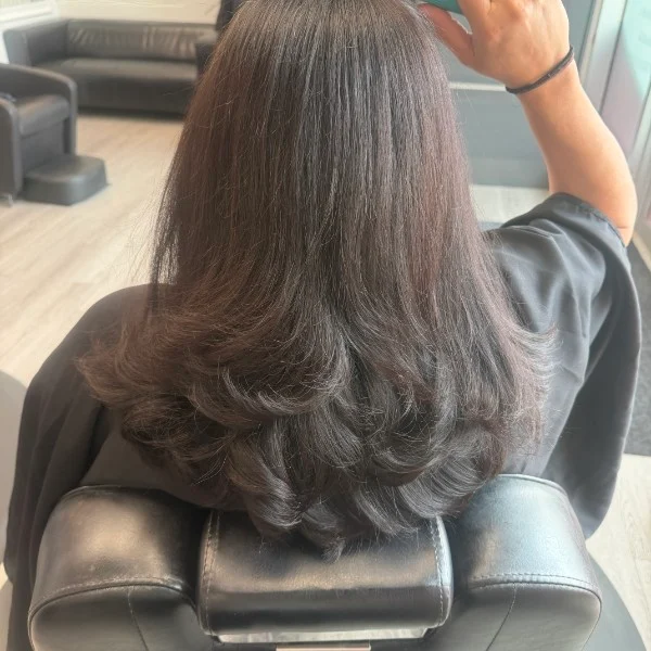 Dark shoulder-length layers styled with a rounded finish