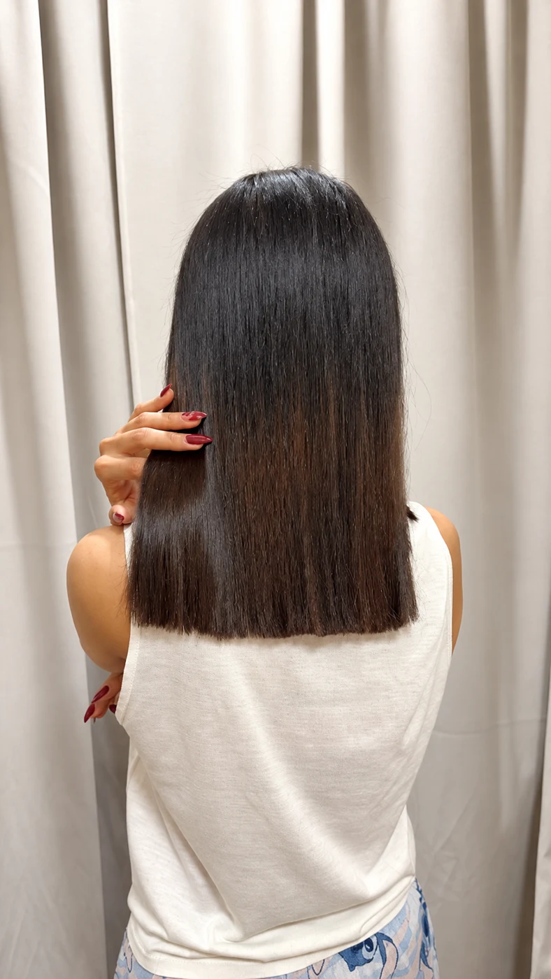 Straight shoulder-length hair with a blunt finish